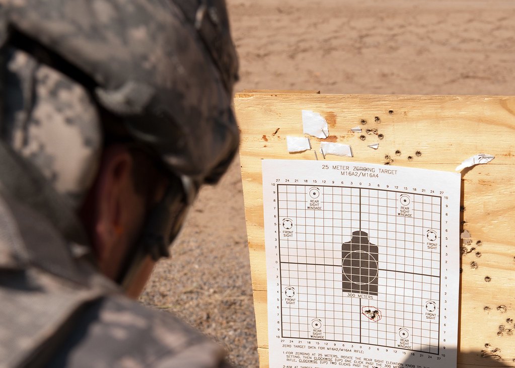 A printed grid zeroing target stapled to a plywood backer with bullet holes in the wood around it, a shooter out of focus in the foreground