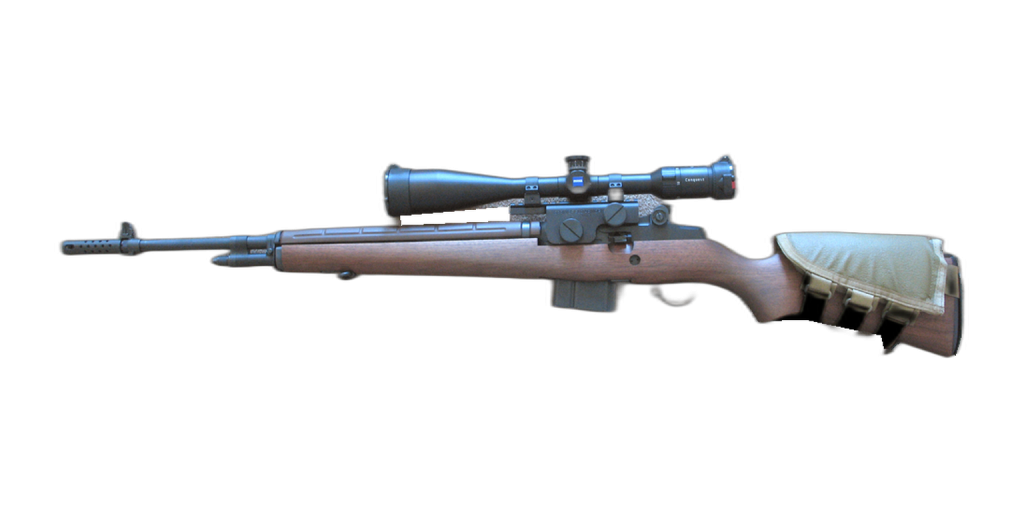Springfield Armory M1A with an optic and stock pouch.
