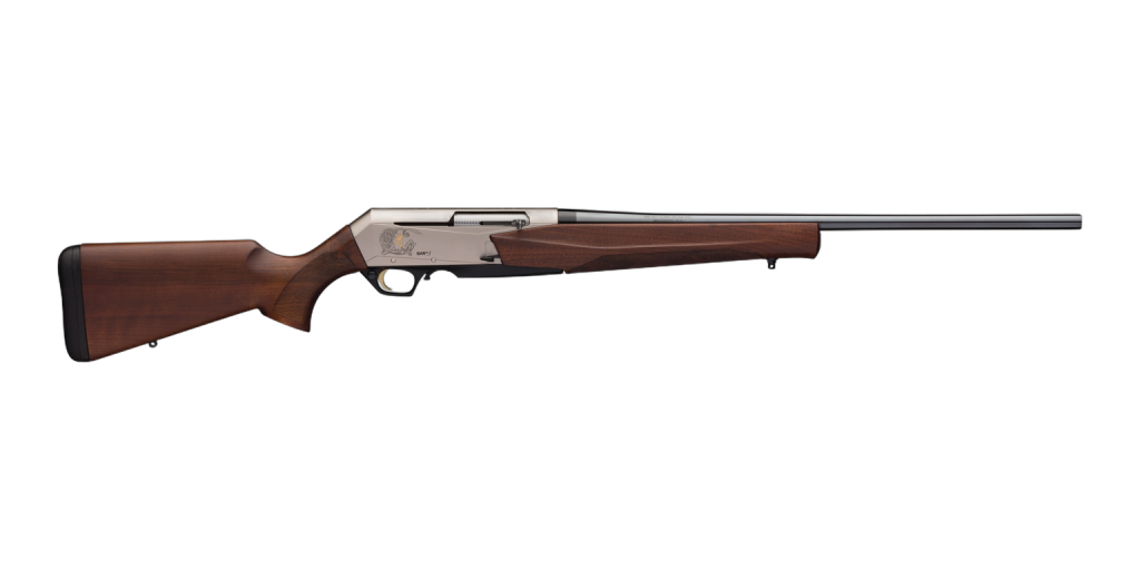 Browning BAR MK 3 semi-automatic rifle with walnut stock and nickel-finish receiver, right side