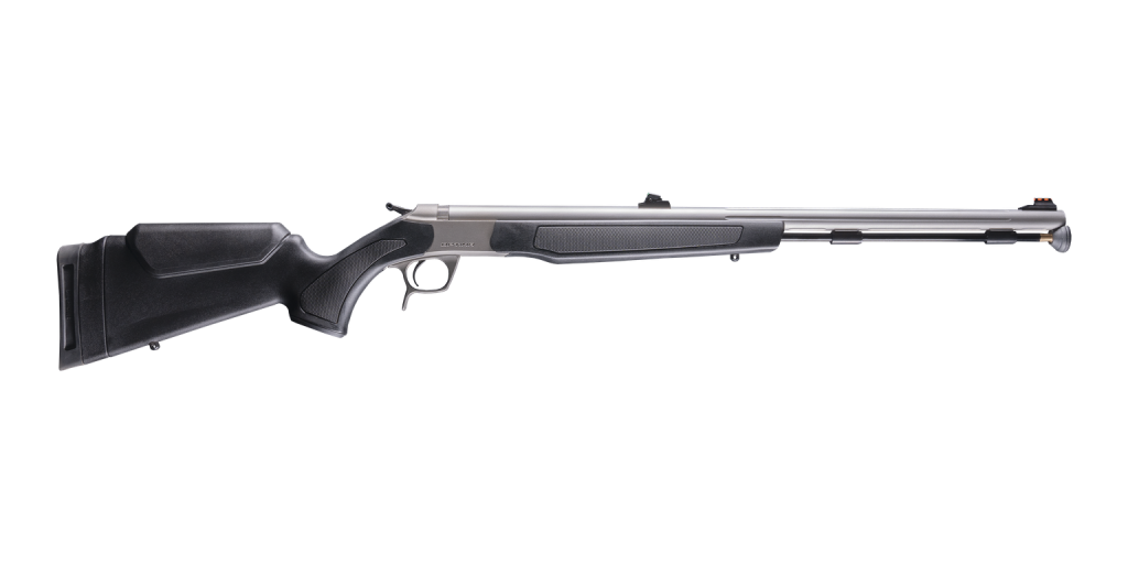 Right side of a CVA Optima break-action muzzleloader with stainless barrel, black stock and fiber optic sights