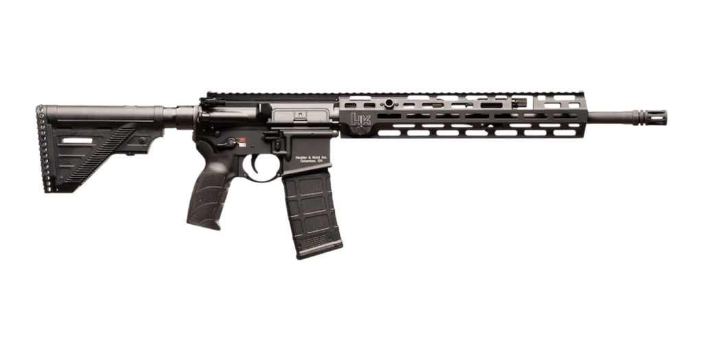 HK MR556 A4 rifle with 16.5 inch barrel, right side, with slimline handguard and adjustable stock