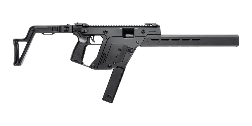 KRISS Vector CRB Gen 3 carbine in black, right side, with 16 inch barrel shroud and folding stock