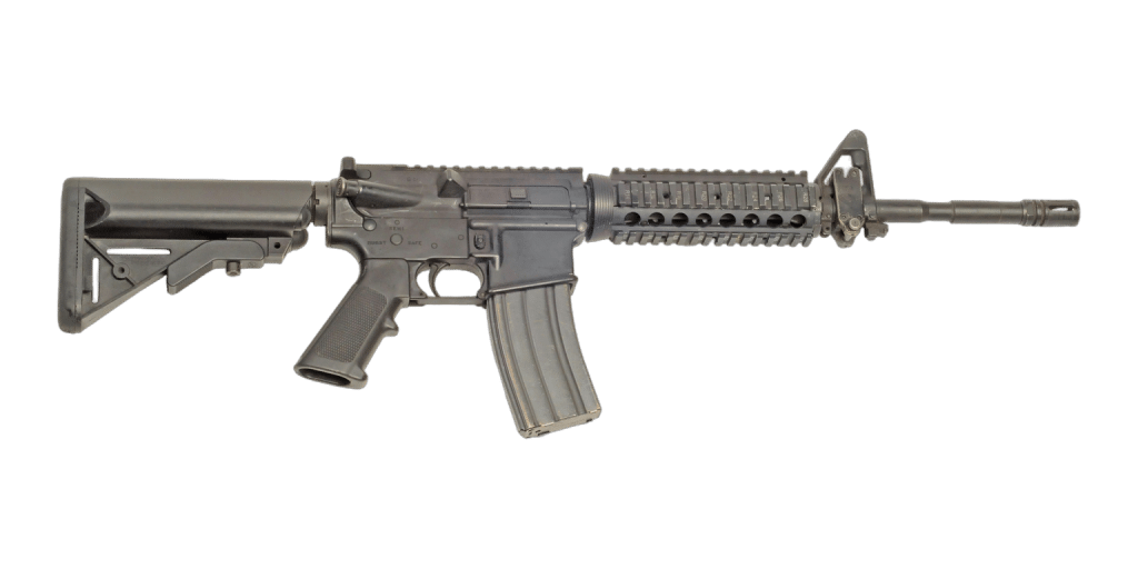 U.S. Army M4 carbine with rail adapter system handguard and collapsible stock, right side, on a white background