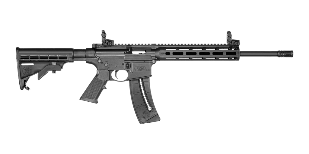 Smith & Wesson M&P15-22 Sport rifle, SKU 10208, right side, with M-LOK handguard, folding sights and six-position stock