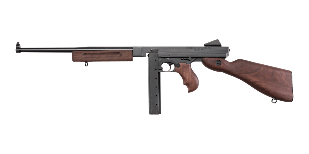 Left side of an Auto-Ordnance Thompson M1 semi-automatic carbine with horizontal foregrip, stick magazine and sling swivels on the foregrip and butt stock